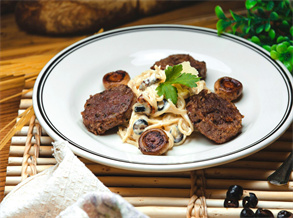 Creamy mushroom pasta with fried meatloaf
