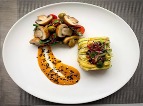 Roasted Mushrooms with Egg Pancake and Barbecued Black Tea Seasonings