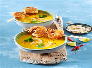 Tom Yum Soup with Grilled Shrimp Skewers and Barbecued Black Tea Seasonings