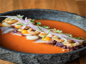 Tomato Soup with Crispy Fried Onion Rings and Poached Eggs Recipe