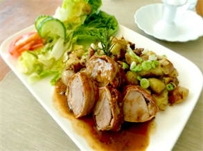 Pan-Seared Pork Tenderloin Rolls with Herb Potatoes and Garden Salad