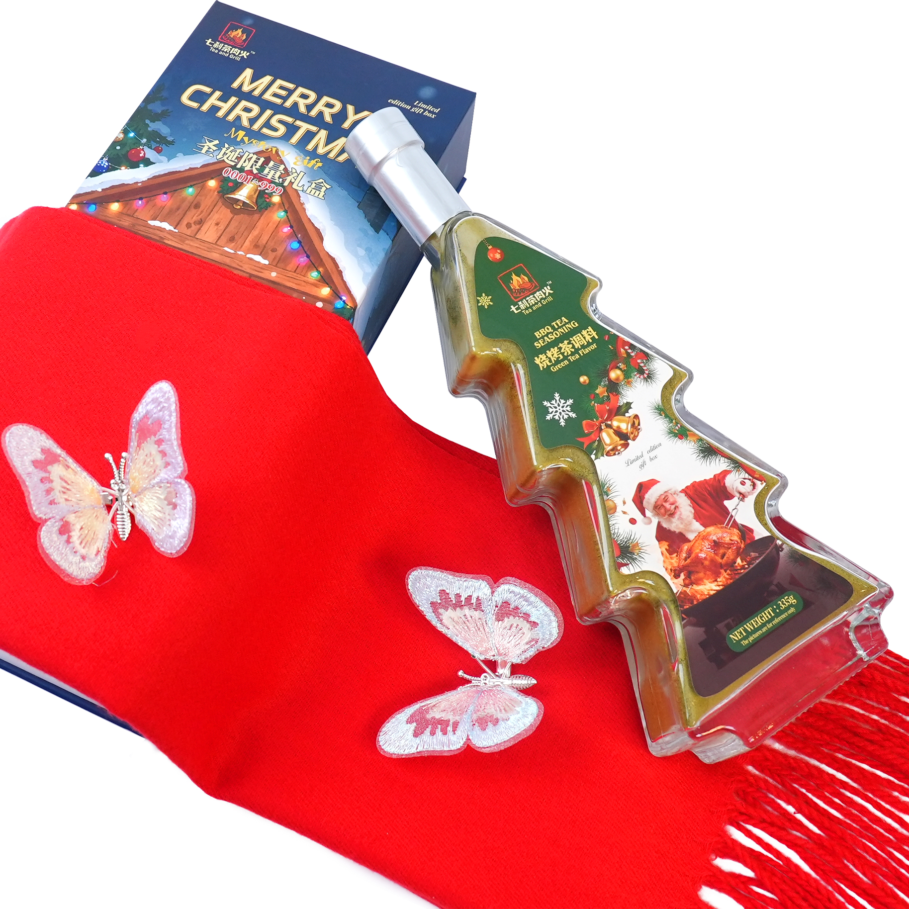 Christmas Gift Box | Tree-Shaped Green Tea BBQ Rub 335g + Scarf & Hair Clips (Limited Edition)