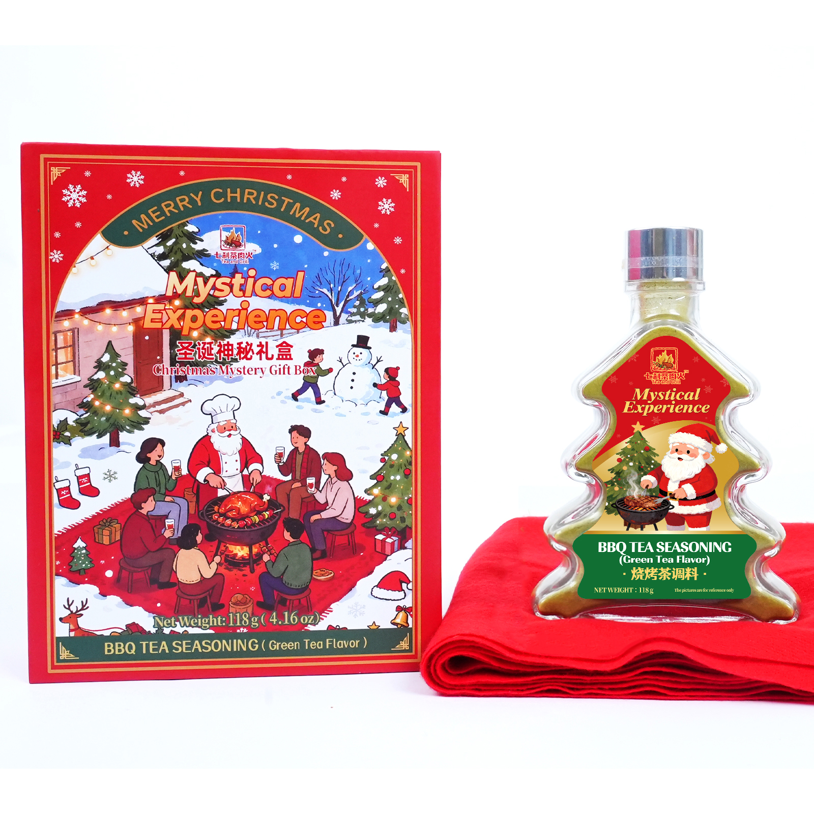 Christmas Gift Box | Tree-Shaped Green Tea BBQ Rub 118g + Scarf & Limited-time gift Hair Clips