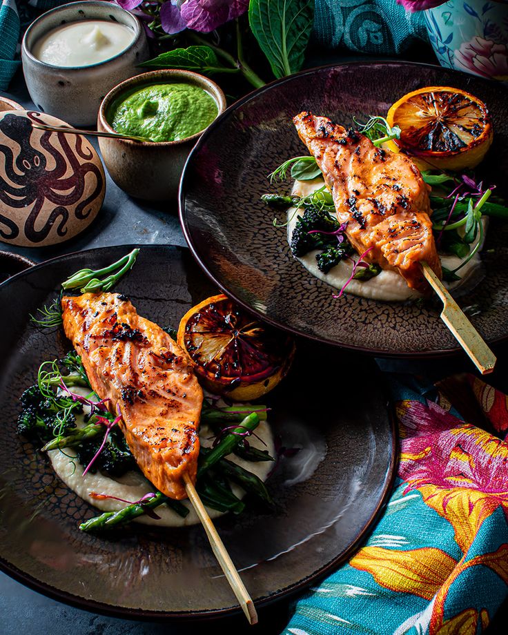 Grilled Salmon Skewers with Barbecued Black Tea Seasonings